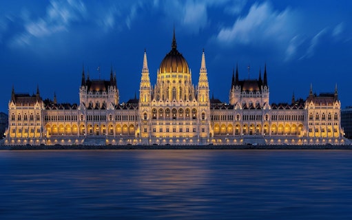 Hungarian Parliament Building illuminated at night, Budapest.