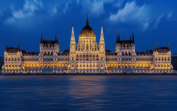 Hungarian Parliament Building illuminated at night, Budapest.