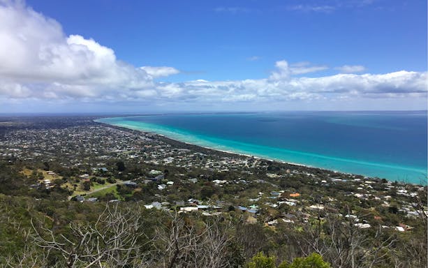 Aerial view of coastline near Peninsula Hot Springs, Victoria, Australia.
