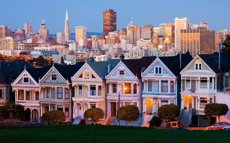 Painted Ladies with San Francisco skyline in the background during city tour.