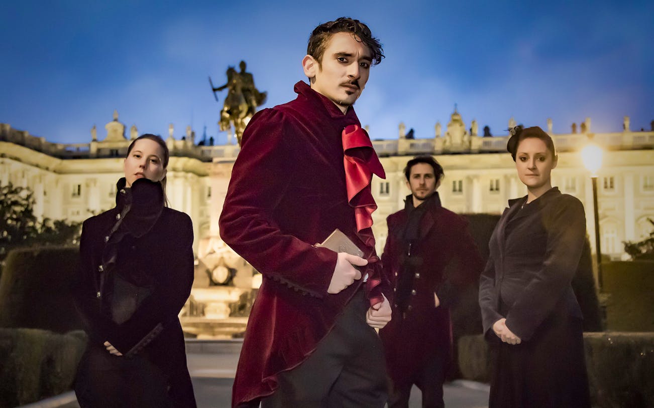 Actors in period costumes during the Spanish Inquisition and Legends of Madrid Walking Tour.