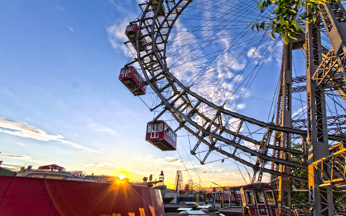 Vienna Giant Ferris Wheel with sunset sky in the background.