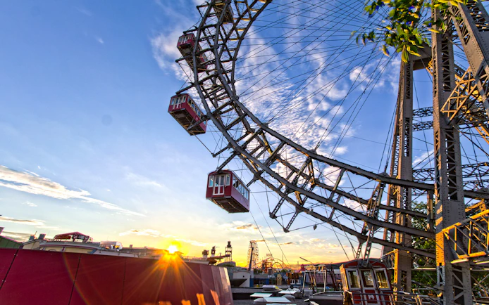 Vienna Giant Ferris Wheel with sunset sky in the background.