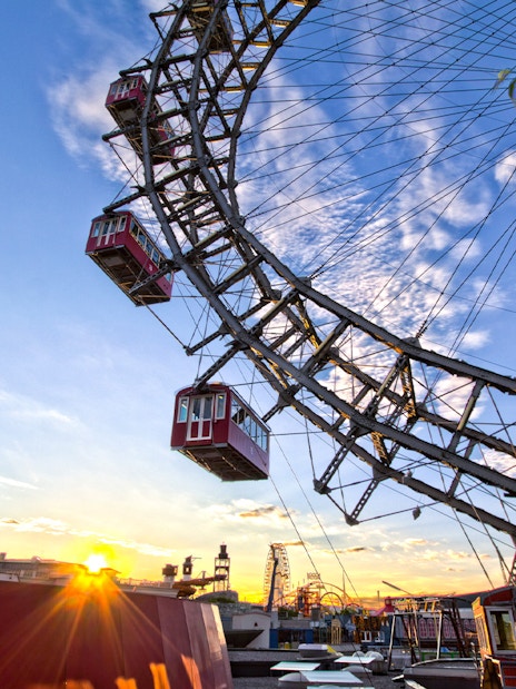 Vienna Giant Ferris Wheel with sunset sky in the background.