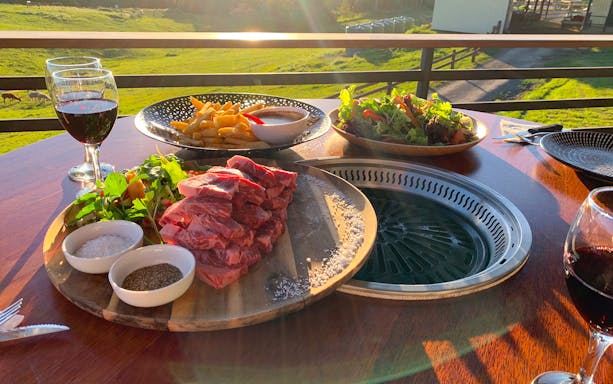 Dining table with raw meat, salad, fries, and wine at KUR-Cow Farm, overlooking green pastures.