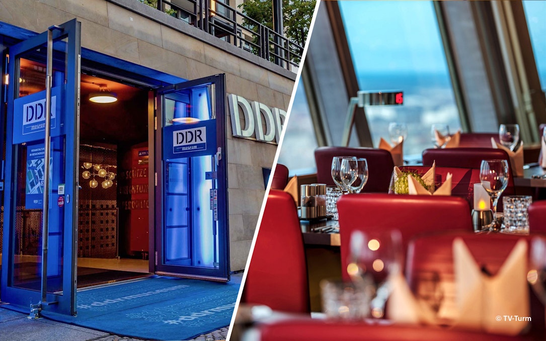 DDR Museum entrance and Berlin TV Tower restaurant interior.
