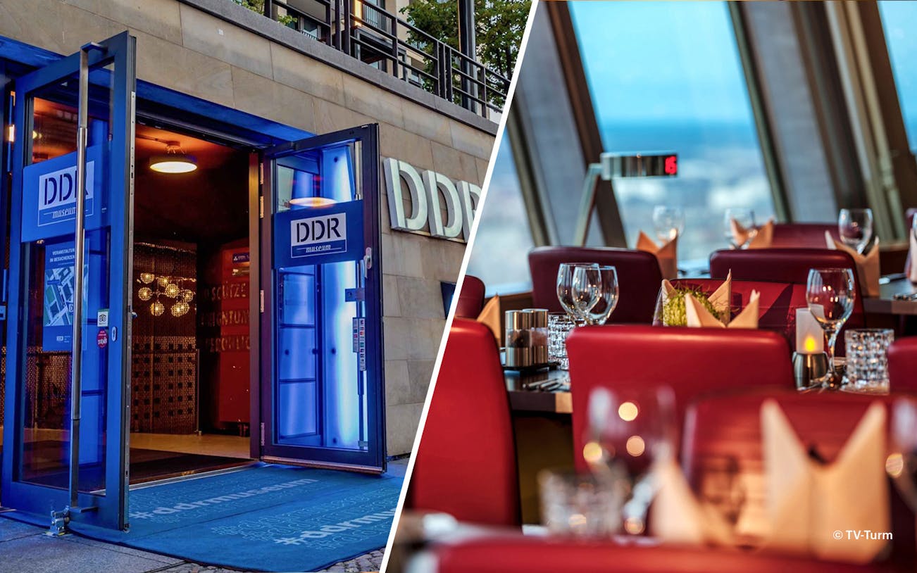 DDR Museum entrance and Berlin TV Tower restaurant interior.