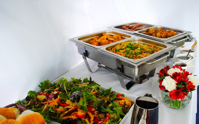 Buffet spread on Sydney Whale Watching Cruise with salads and hot dishes.