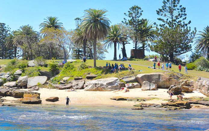Sydney Harbour cruise visitors relaxing on a grassy hill and sandy beach with palm trees.