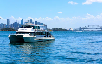 Cruise boat on Sydney Harbour with Opera House and Harbour Bridge in view.