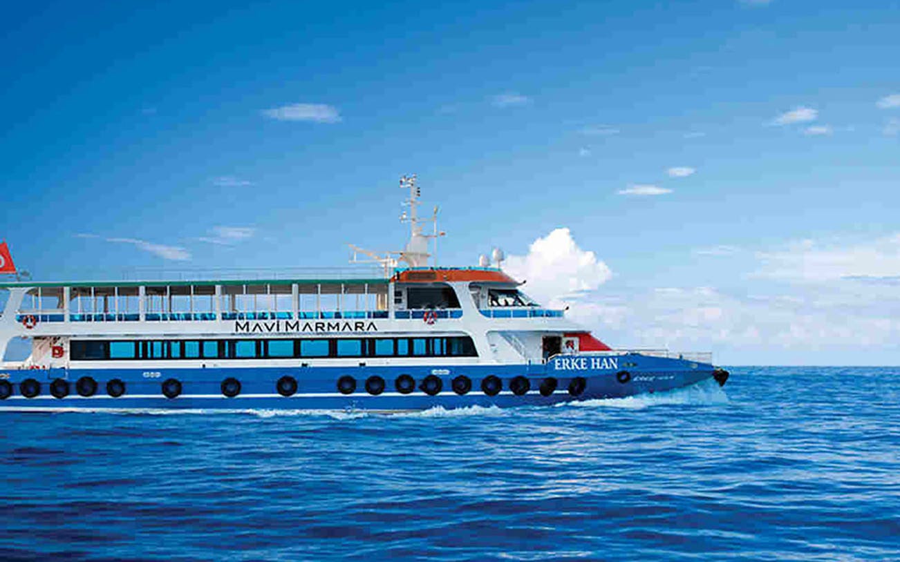 Bosphorus cruise ship sailing near Istanbul's Old City.