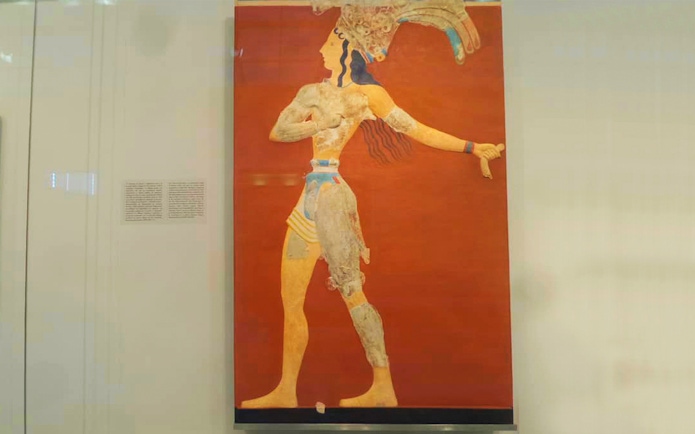 Fresco of a Minoan figure at Heraklion Archaeological Museum.