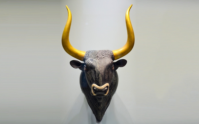 Bull's head rhyton from Knossos at Heraklion Archaeological Museum.