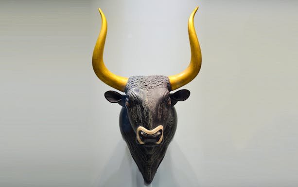 Bull's head rhyton from Knossos at Heraklion Archaeological Museum.