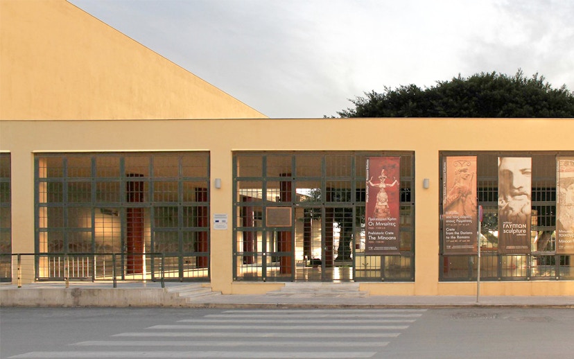 Heraklion Archaeological Museum entrance with exhibition banners, Crete.