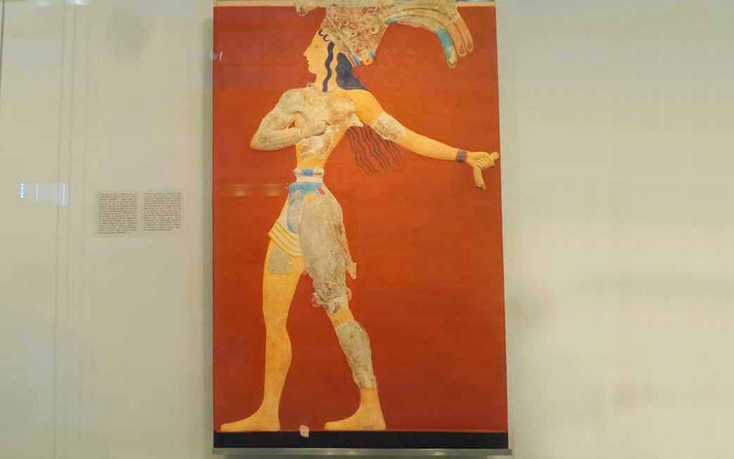 Fresco of a Minoan figure at Heraklion Archaeological Museum, Crete.