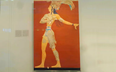 Fresco of a Minoan figure at Heraklion Archaeological Museum, Crete.
