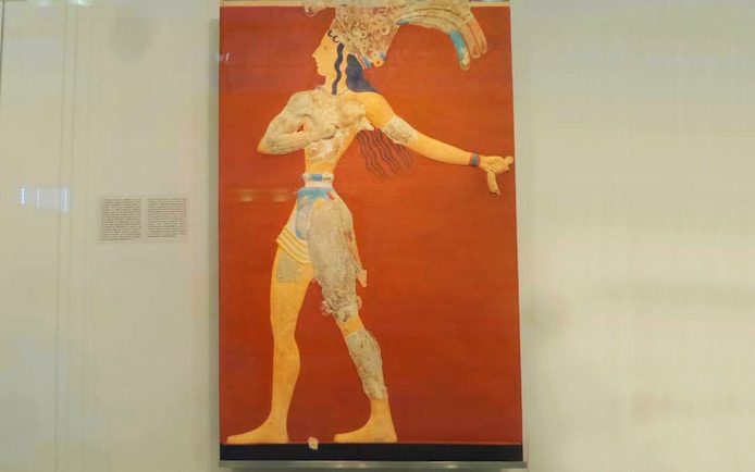 Fresco of a Minoan figure at Heraklion Archaeological Museum, Crete.