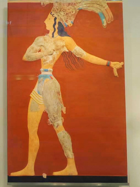 Fresco of a Minoan figure at Heraklion Archaeological Museum, Crete.