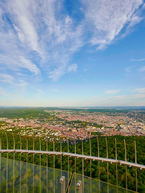 View from Fernsehturm Stuttgart overlooking the city and surrounding forest.