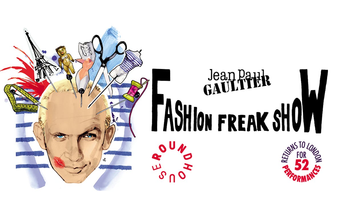 Jean Paul Gaultier Fashion Freak Show poster with colorful illustrations and text.