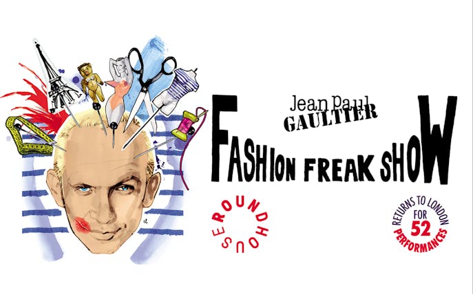 Jean Paul Gaultier Fashion Freak Show poster with colorful illustrations and text.