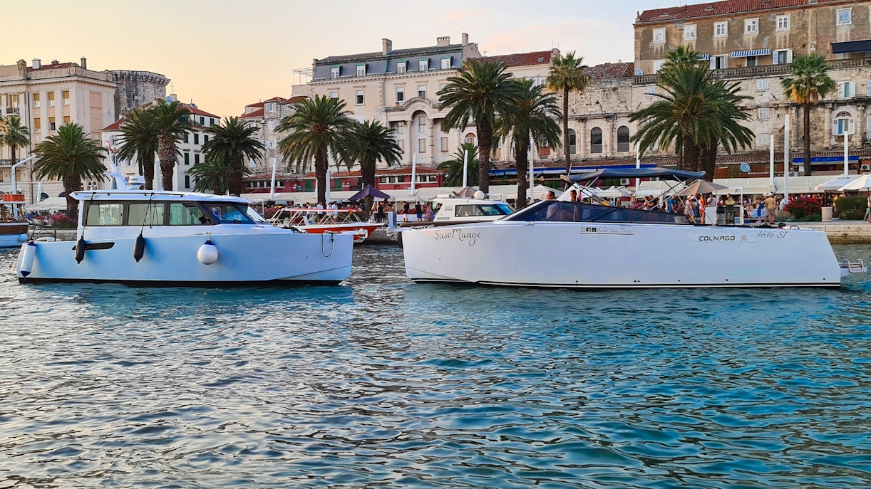 Boats docked in Split harbor, Croatia, for a full-day tour to Blue Cave, Vis, and Hvar.