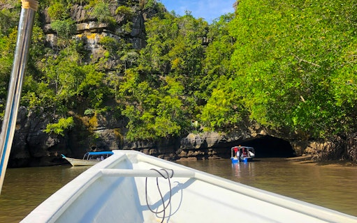 Boat entering mangrove cave in Langkawi UNESCO Geopark during discovery tour.