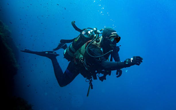 Scuba divers exploring underwater in the Gulf of Catania.