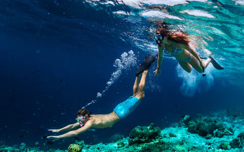 Snorkelers exploring marine life in Isole Ciclopi, near Catania, Sicily.