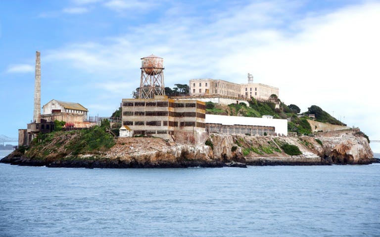 Alcatraz Island with historic prison buildings, San Francisco Bay.