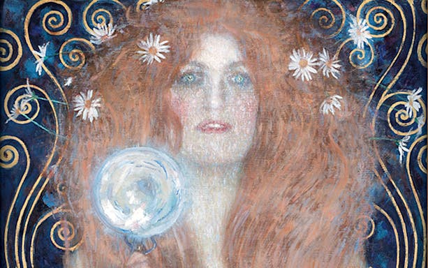 Art Nouveau painting of a woman with daisies in hair, holding a magnifying glass, Theatre Museum.