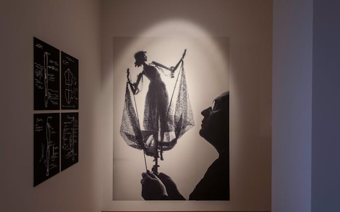 Puppet display and design sketches at Theatre Museum exhibit.