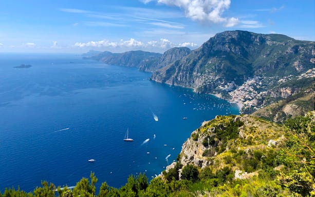 Amalfi Coast view from Path of the Gods hiking trail, Italy.