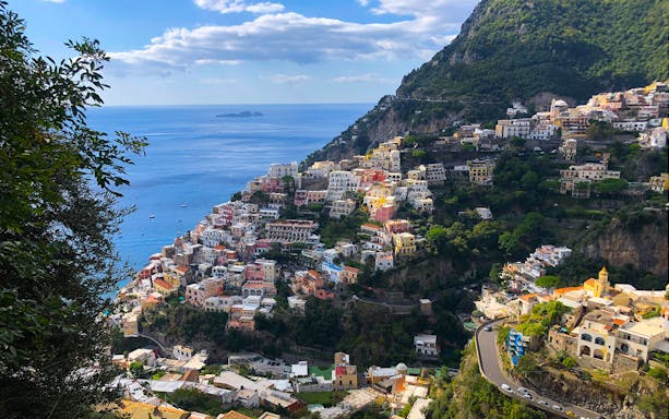 Positano coastline view from Path of the Gods hiking trail, Amalfi Coast, Italy.