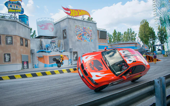 Stunt car and motorcycle show at Mirabilandia's Hot Wheels City.