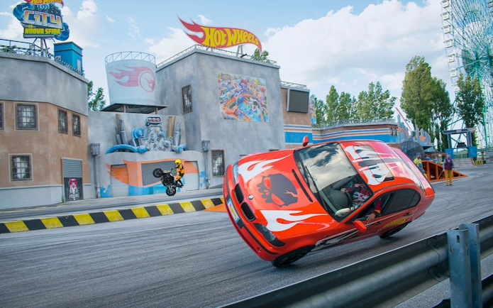 Stunt car and motorcycle show at Mirabilandia's Hot Wheels City.