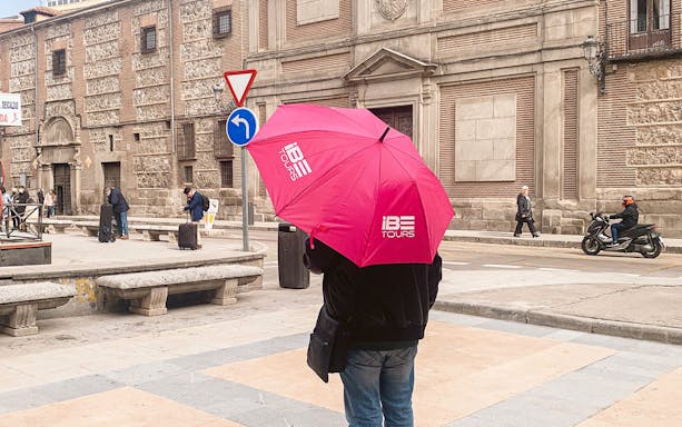 Tour guide with pink umbrella outside Monasterio de las Descalzas, Madrid.