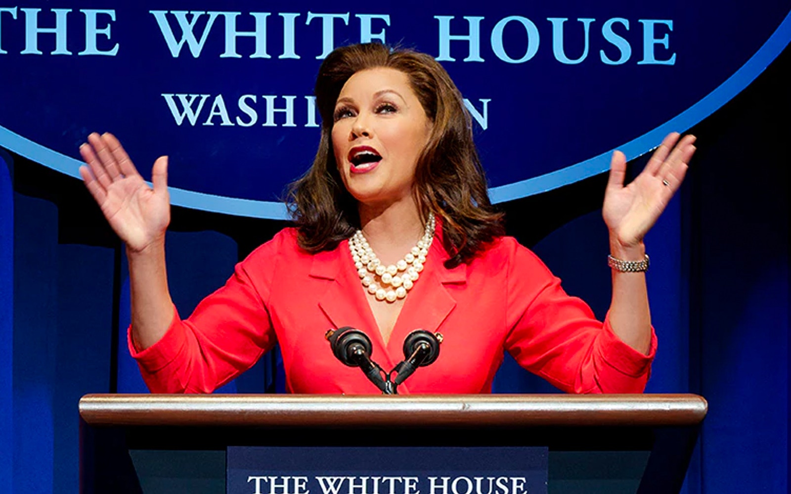 POTUS stage performance with actors portraying political figures in a comedic setting.