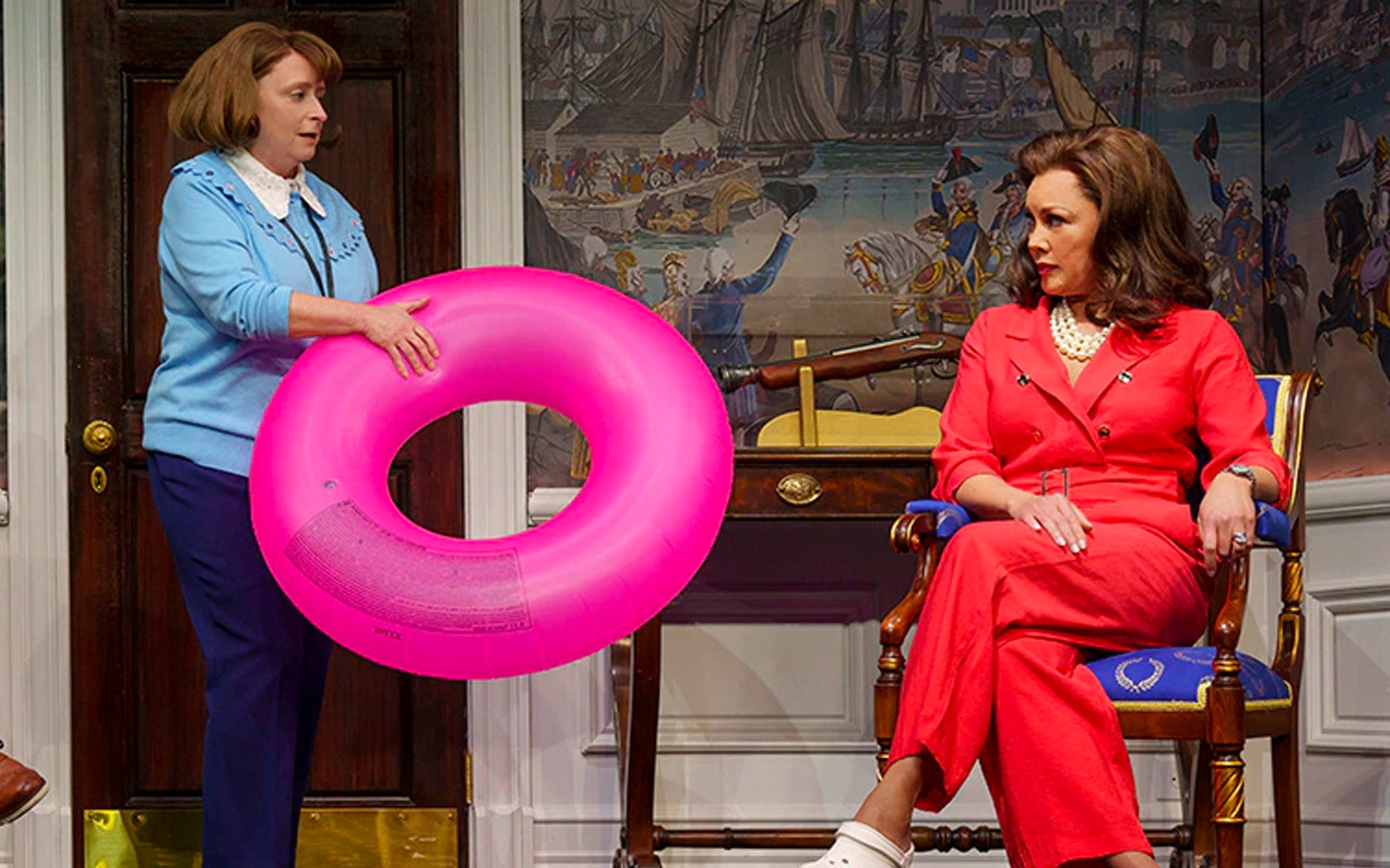 POTUS stage performance scene with actors portraying political figures in a comedic setting.