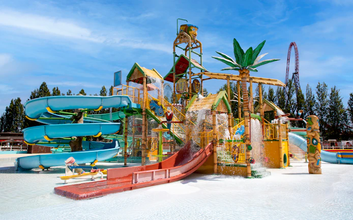 Water slides and play structures at Mirabeach water park.