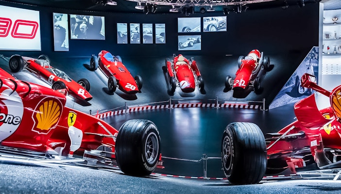 Ferrari race cars displayed at Ferrari Museum in Maranello.