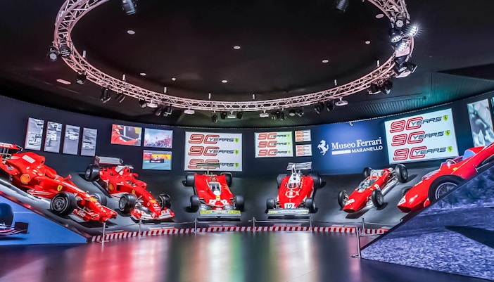 Ferrari race cars on display at the Ferrari Museum in Maranello.