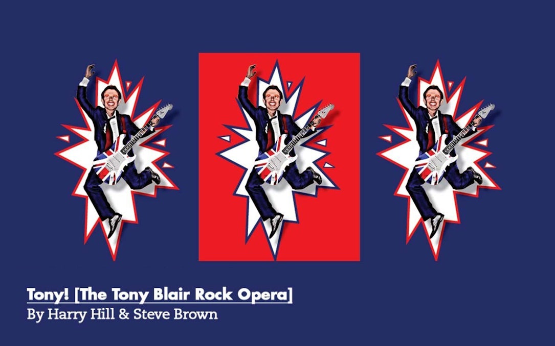 Man in suit with Union Jack guitar jumping, promoting Tony! The Tony Blair Rock Opera.