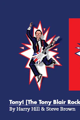 Man in suit with Union Jack guitar jumping, promoting Tony! The Tony Blair Rock Opera.