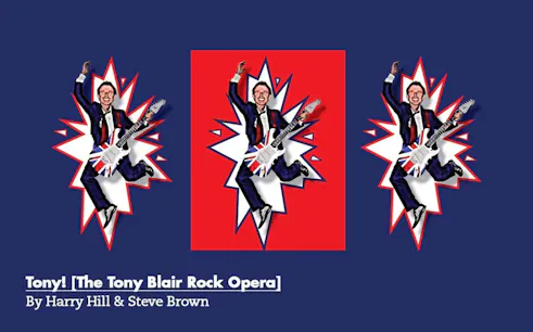 Man in suit with Union Jack guitar jumping, promoting Tony! The Tony Blair Rock Opera.