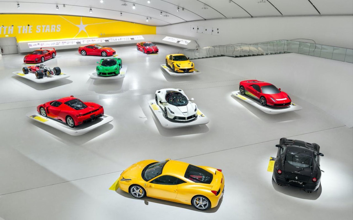 Ferrari cars displayed at Museo Enzo Ferrari Modena.