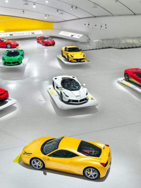 Ferrari cars displayed at Museo Enzo Ferrari Modena.