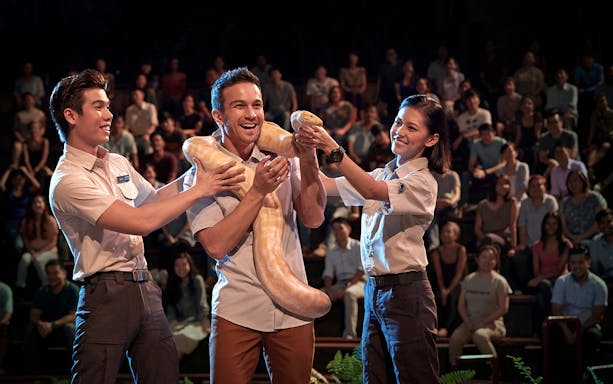 Guests interacting with a python during a show at Singapore Night Safari.
