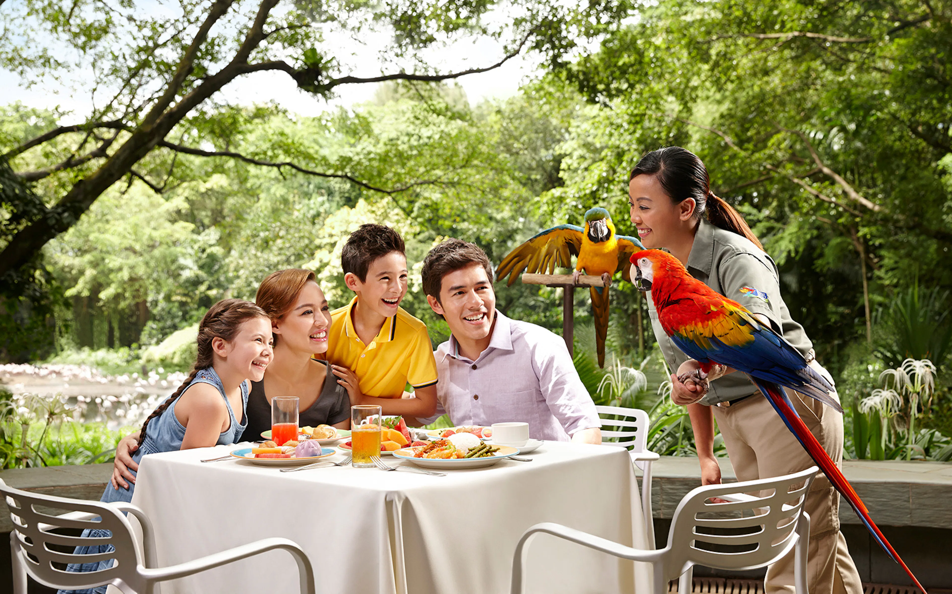 Family dining with colorful parrots